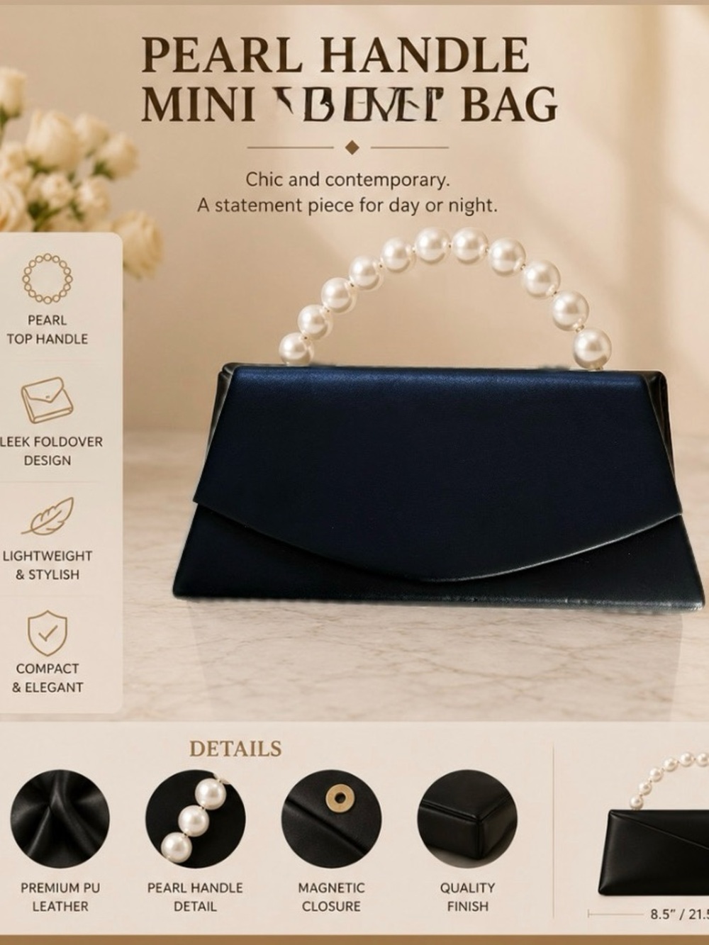 Pearl Handle Mini Pouch Bag - Navy